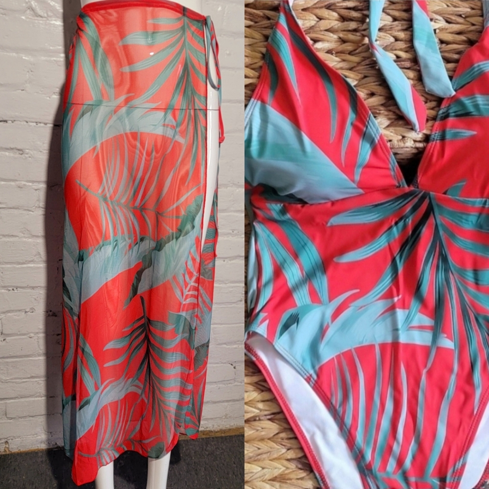SHEIN Red and Green Tropical Swim Coverup